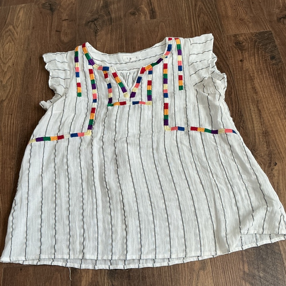 THML Embroidered Boho Blouse Rainbow Trim Flutter Sleeve Tunic Small Festival